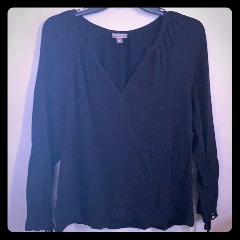 Black split neck top with ruched sleeves